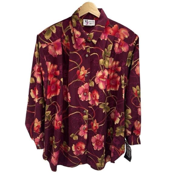 Vintage Maggie Sweet Women's Button-Up Padded Sketched Floral Print Blouse Large - Picture 1 of 10